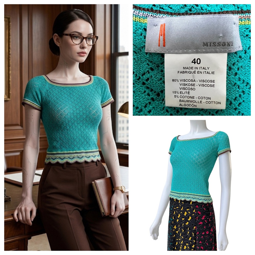 Vintage Y2K Missoni Italy Teal Green Pointelle Crochet Knit Top Office Siren S